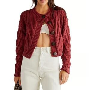 Free People Women's Bonfire Cable Knit Crop Cardigan Sweater Cowboy Size L